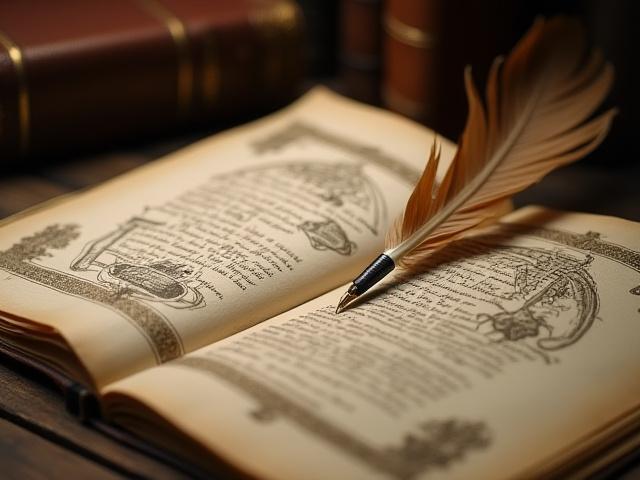 Nahaufnahme eines alten, aufgeschlagenen Manuskripts mit Feder und Tinte